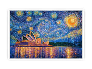 Sydney Opera House canvas art with starry blue sky for modern living room decor.
