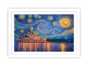 Sydney Opera House canvas art with starry blue sky for modern living room decor.