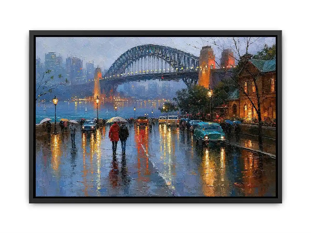Rainy Sydney Harbour Bridge canvas art with city lights for sophisticated office decor.