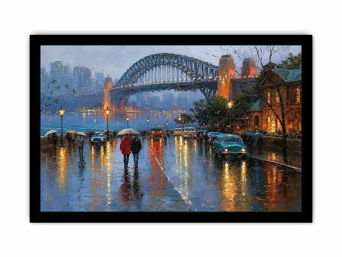 Rainy Sydney Harbour Bridge canvas art with city lights for sophisticated office decor.