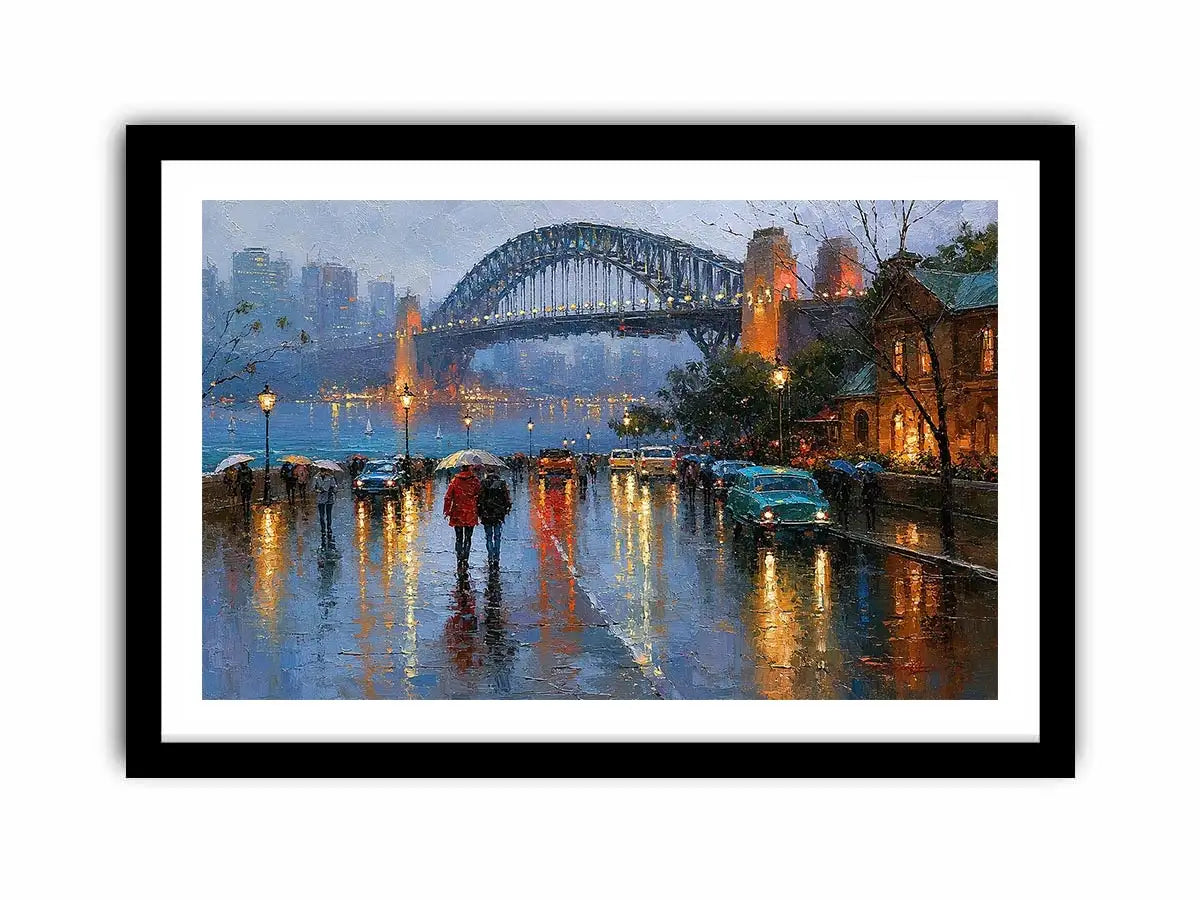 Rainy Sydney Harbour Bridge canvas art with city lights for sophisticated office decor.