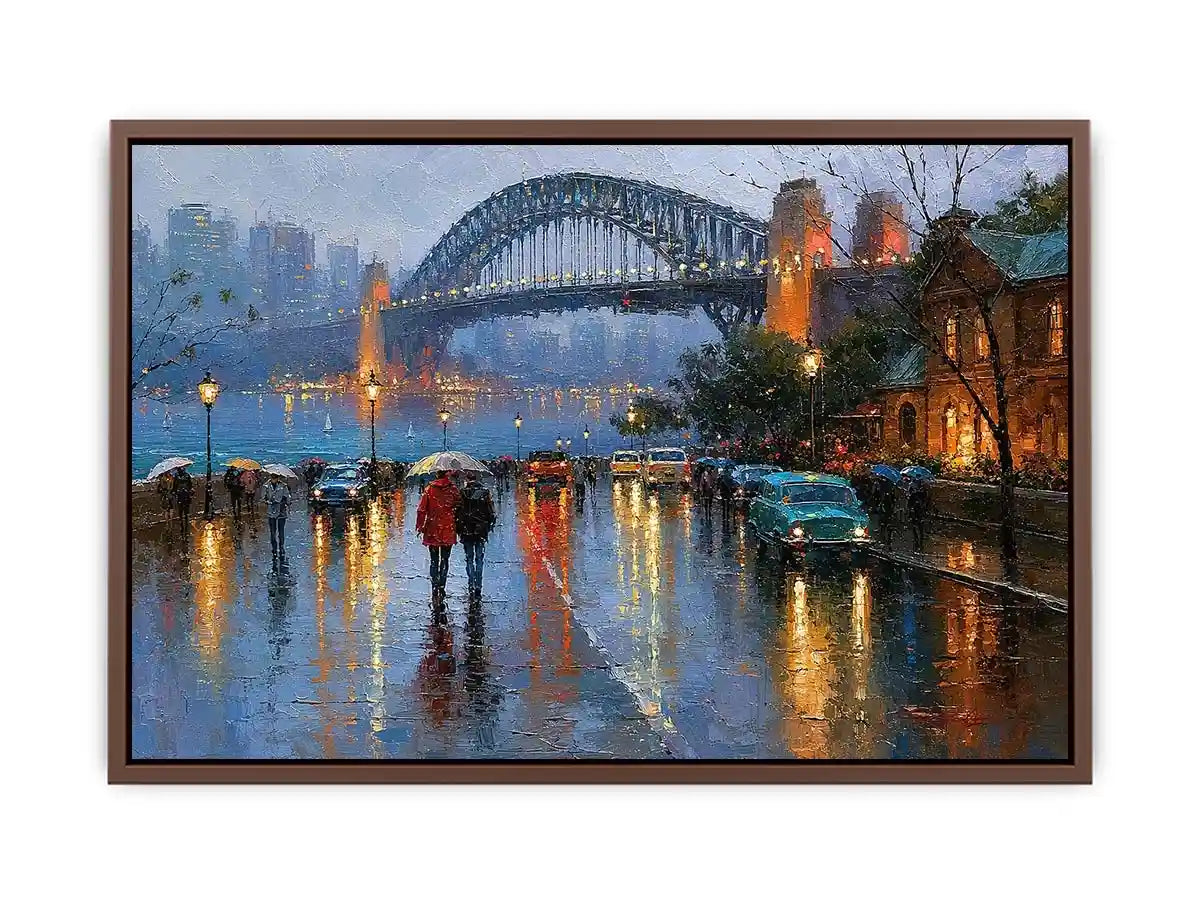 Rainy Sydney Harbour Bridge canvas art with city lights for sophisticated office decor.