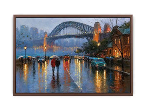 Rainy Sydney Harbour Bridge canvas art with city lights for sophisticated office decor.