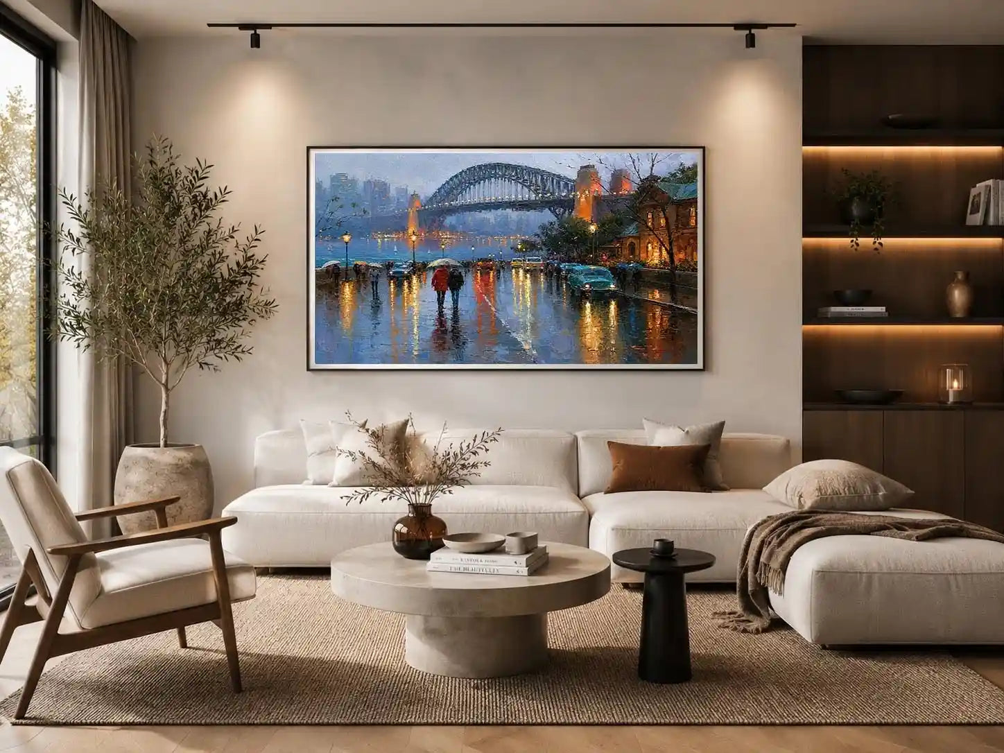 Rainy Sydney Harbour Bridge canvas art with city lights for sophisticated office decor.