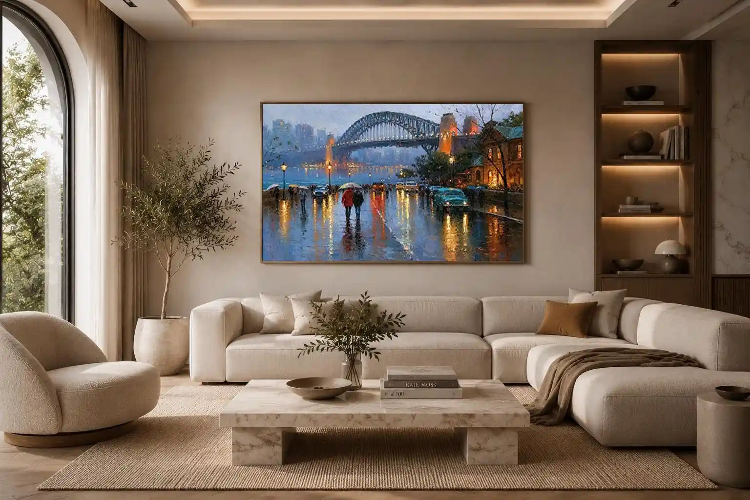 Rainy Sydney Harbour Bridge canvas art with city lights for sophisticated office decor.