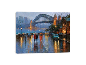 Rainy Sydney Harbour Bridge canvas art with city lights for sophisticated office decor.