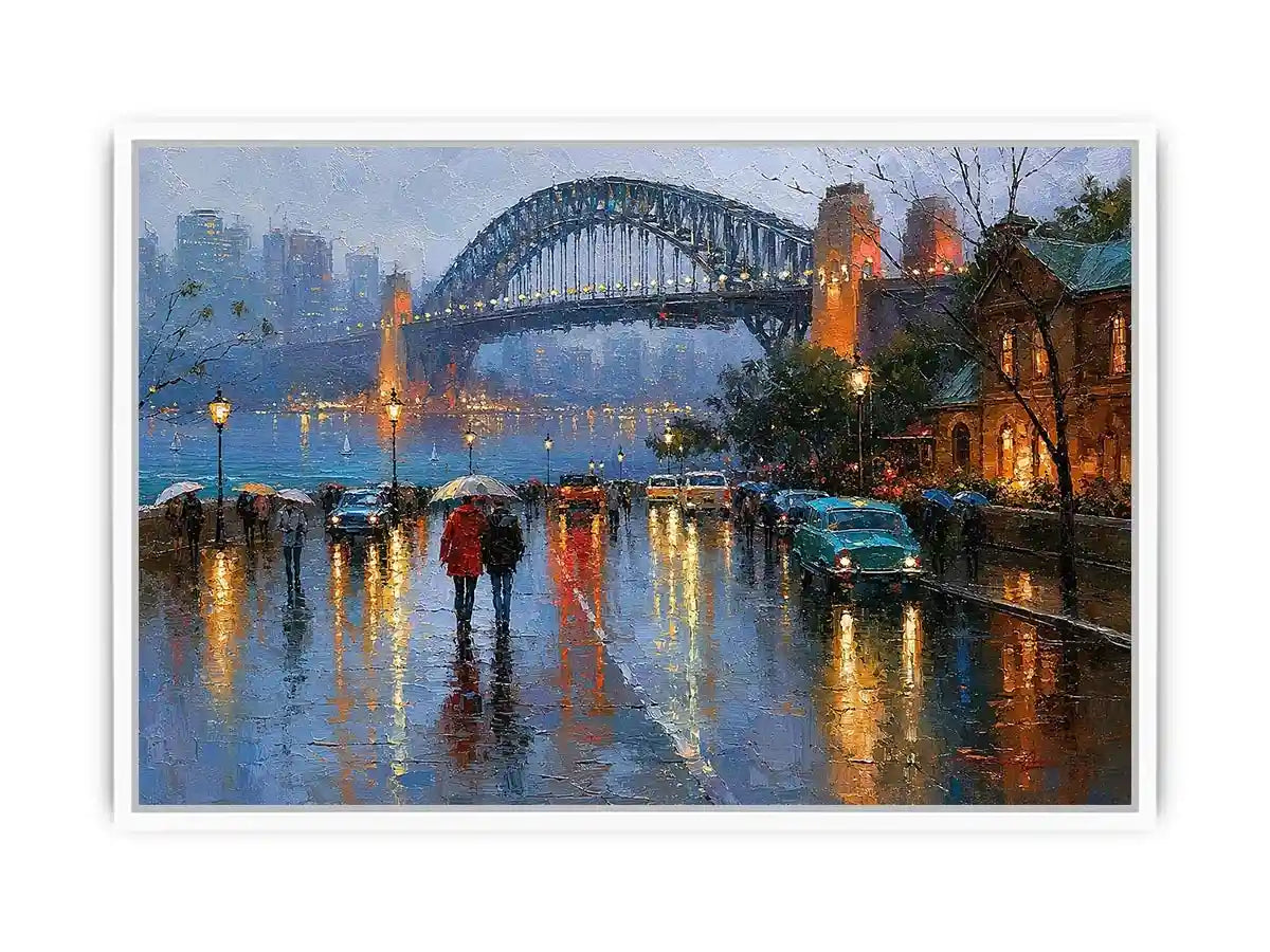 Rainy Sydney Harbour Bridge canvas art with city lights for sophisticated office decor.