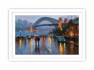 Rainy Sydney Harbour Bridge canvas art with city lights for sophisticated office decor.