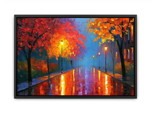 Autumn pathway canvas art with glowing lamps and wet reflections for warm living room decor.