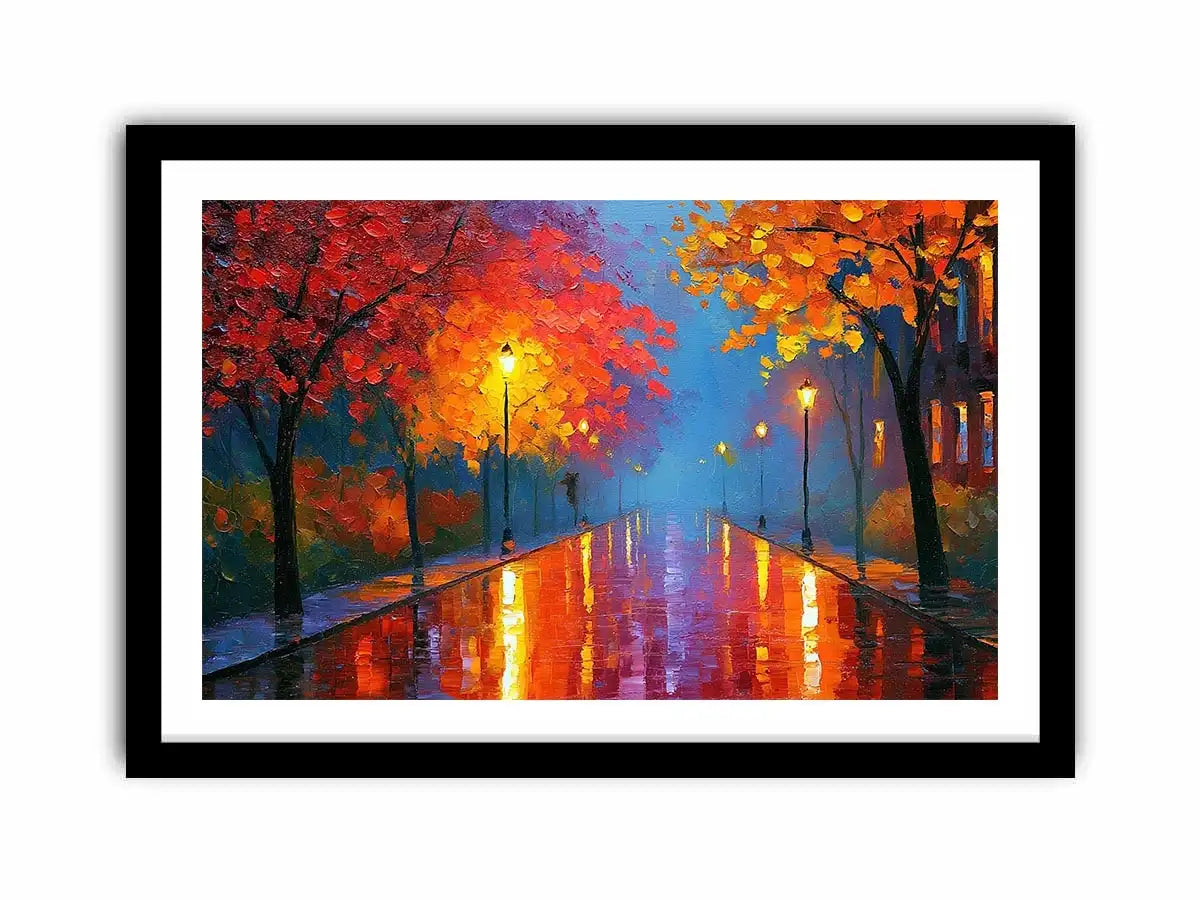 Autumn pathway canvas art with glowing lamps and wet reflections for warm living room decor.