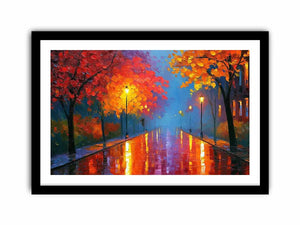 Autumn pathway canvas art with glowing lamps and wet reflections for warm living room decor.