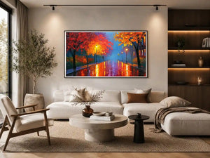 Autumn pathway canvas art with glowing lamps and wet reflections for warm living room decor.