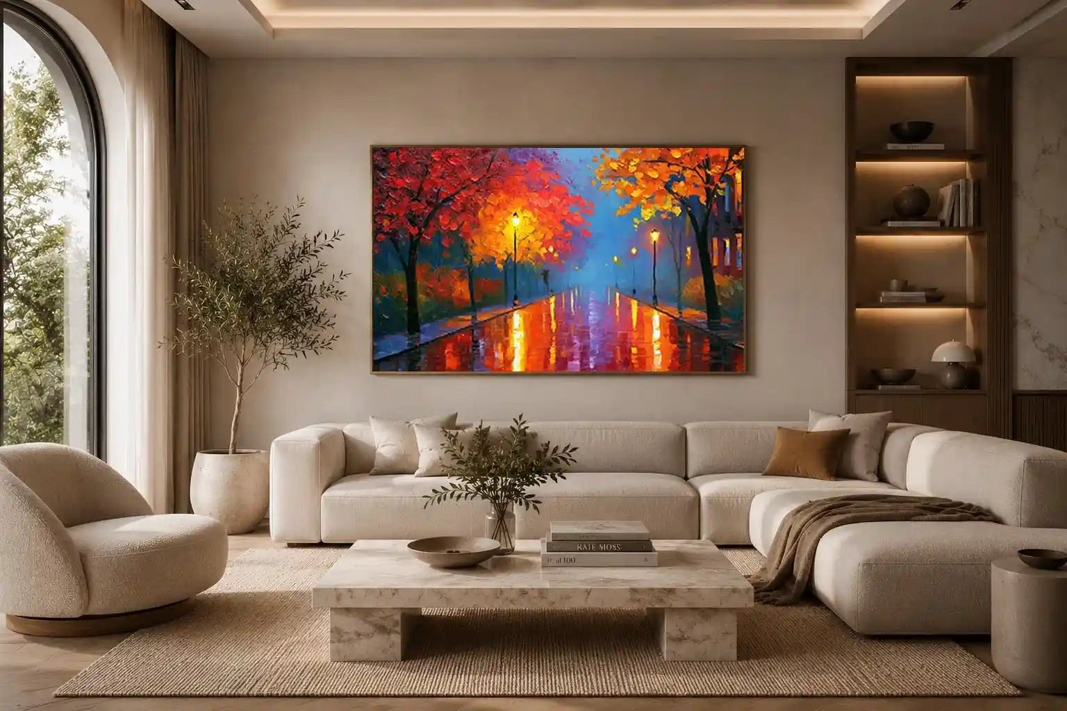 Autumn pathway canvas art with glowing lamps and wet reflections for warm living room decor.