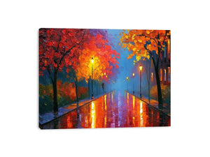 Autumn pathway canvas art with glowing lamps and wet reflections for warm living room decor.