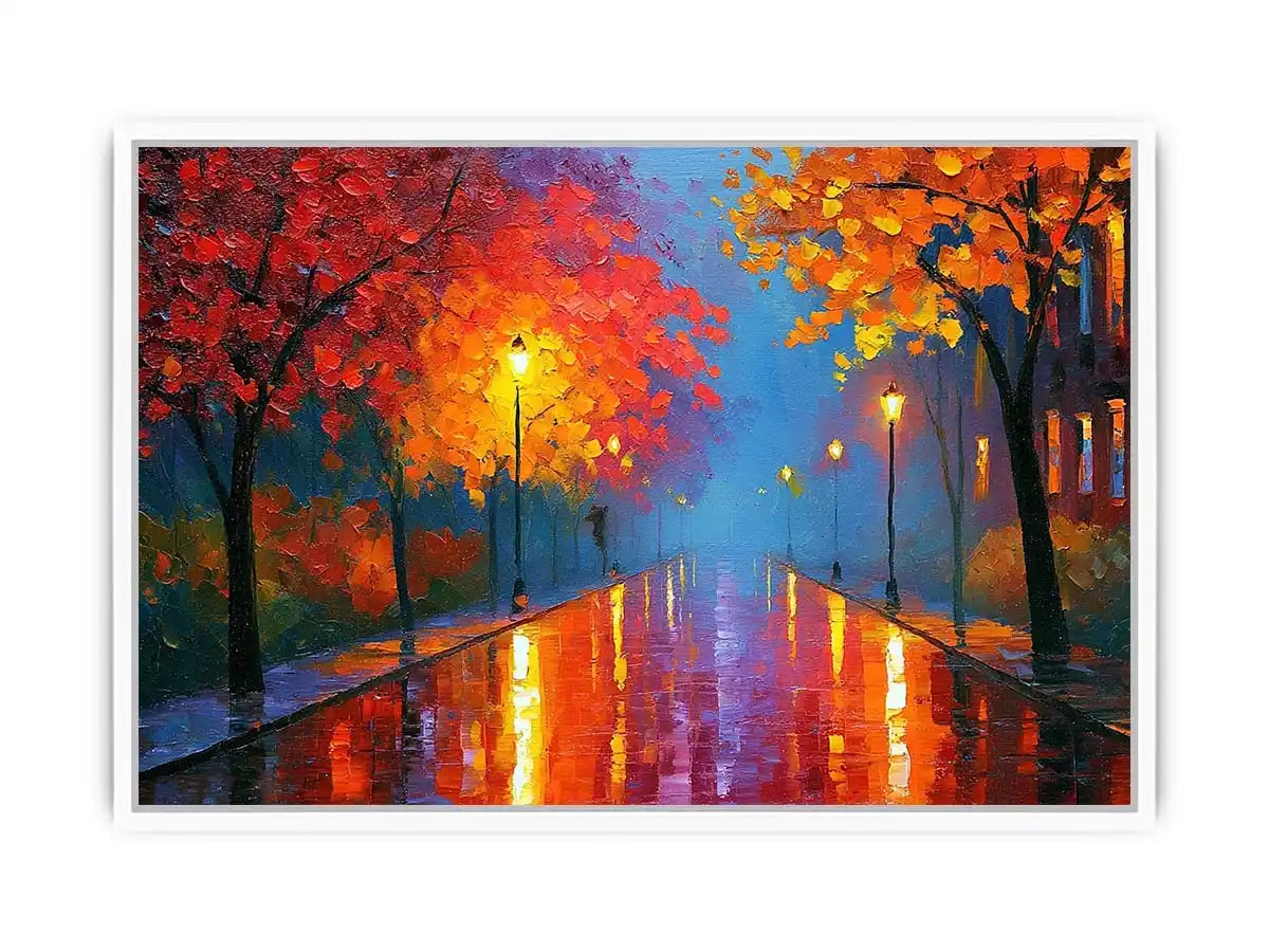 Autumn pathway canvas art with glowing lamps and wet reflections for warm living room decor.