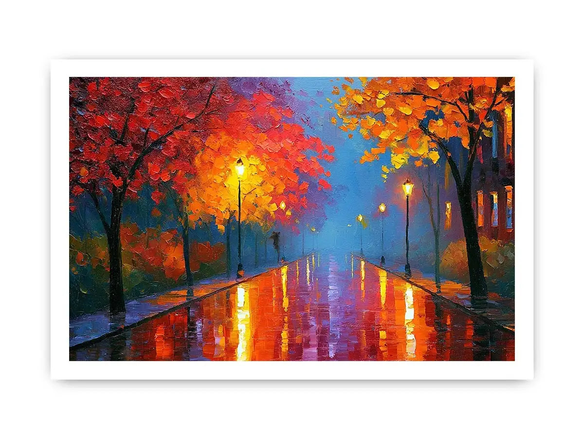 Autumn pathway canvas art with glowing lamps and wet reflections for warm living room decor.