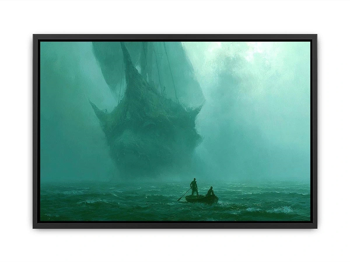 Misty teal boat canvas art beneath cliffs for moody modern office or bedroom decor.