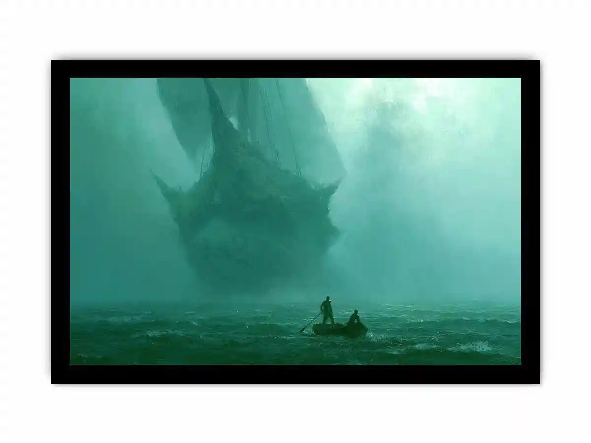 Misty teal boat canvas art beneath cliffs for moody modern office or bedroom decor.