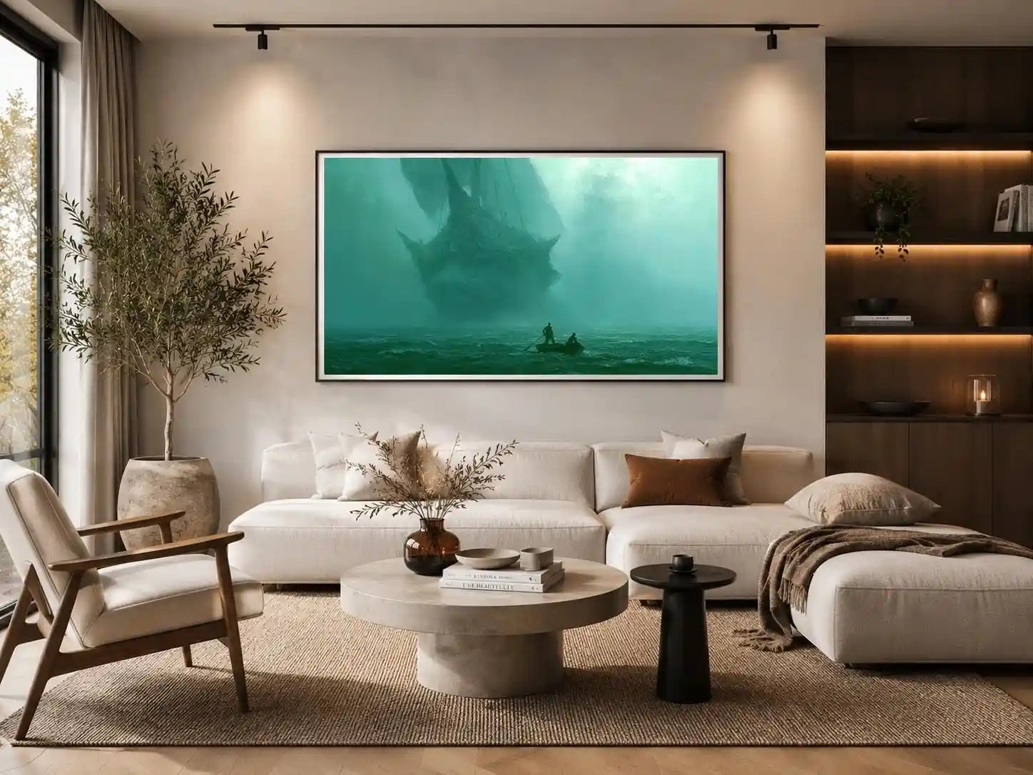Misty teal boat canvas art beneath cliffs for moody modern office or bedroom decor.