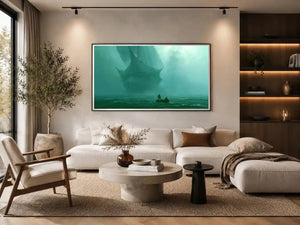 Misty teal boat canvas art beneath cliffs for moody modern office or bedroom decor.