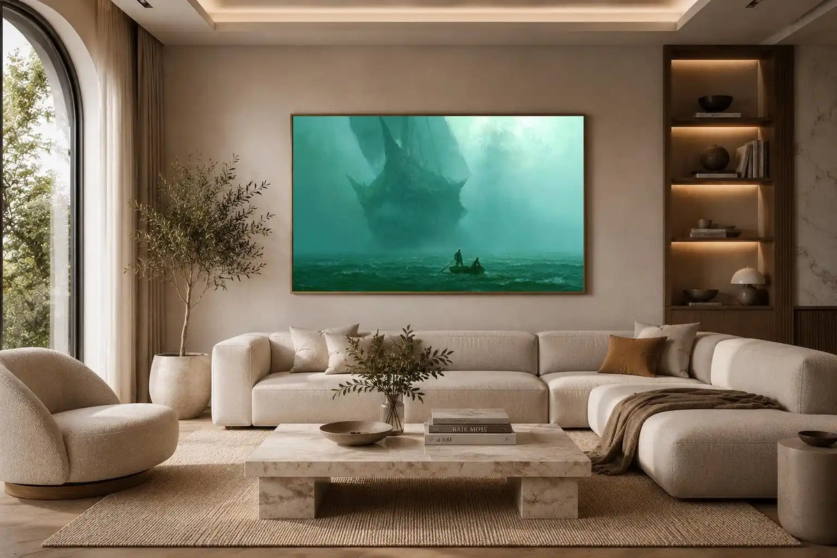 Misty teal boat canvas art beneath cliffs for moody modern office or bedroom decor.