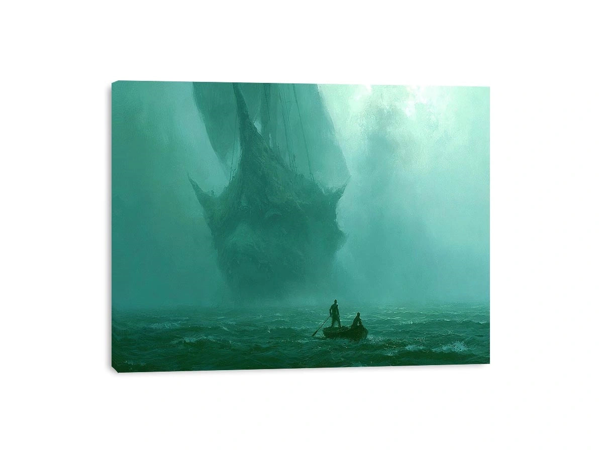 Misty teal boat canvas art beneath cliffs for moody modern office or bedroom decor.
