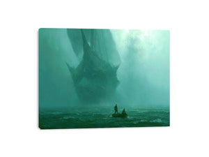 Misty teal boat canvas art beneath cliffs for moody modern office or bedroom decor.