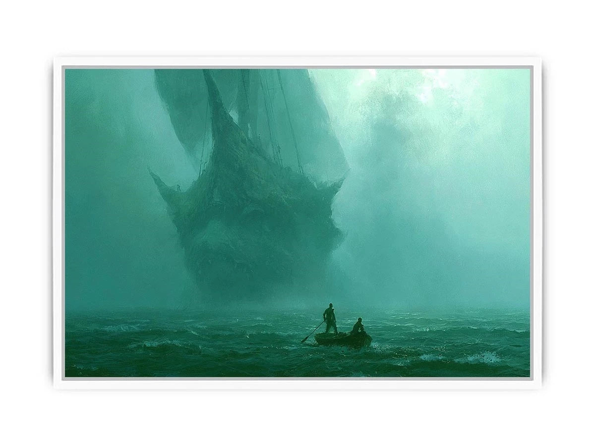 Misty teal boat canvas art beneath cliffs for moody modern office or bedroom decor.