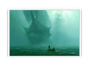 Misty teal boat canvas art beneath cliffs for moody modern office or bedroom decor.