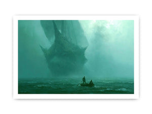 Misty teal boat canvas art beneath cliffs for moody modern office or bedroom decor.