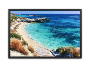 Clear turquoise beach canvas art with walkway and rocks for fresh coastal living room decor.