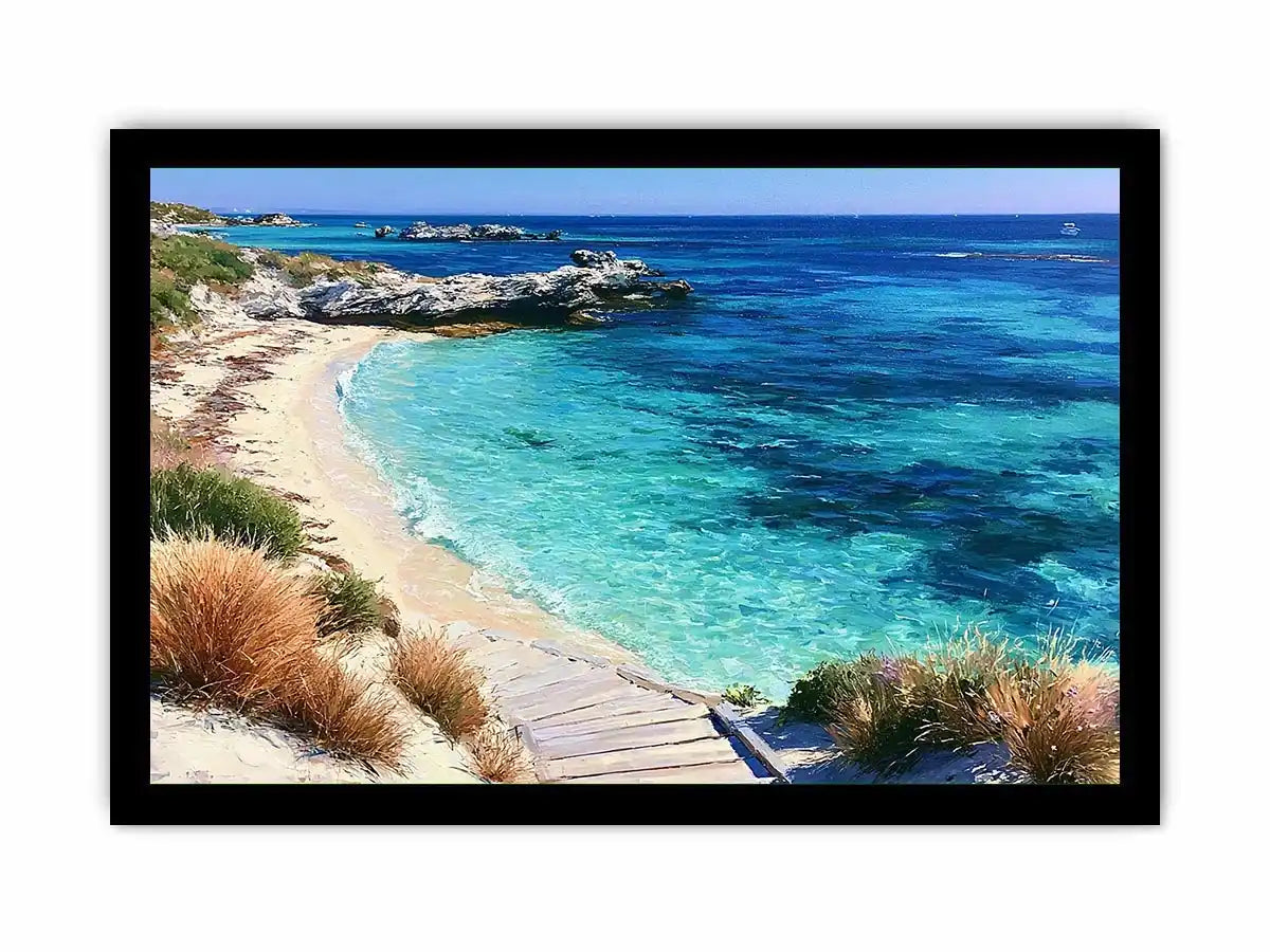 Clear turquoise beach canvas art with walkway and rocks for fresh coastal living room decor.