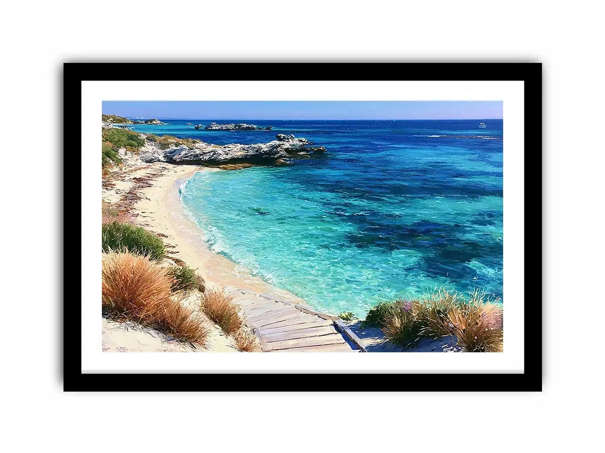 Clear turquoise beach canvas art with walkway and rocks for fresh coastal living room decor.