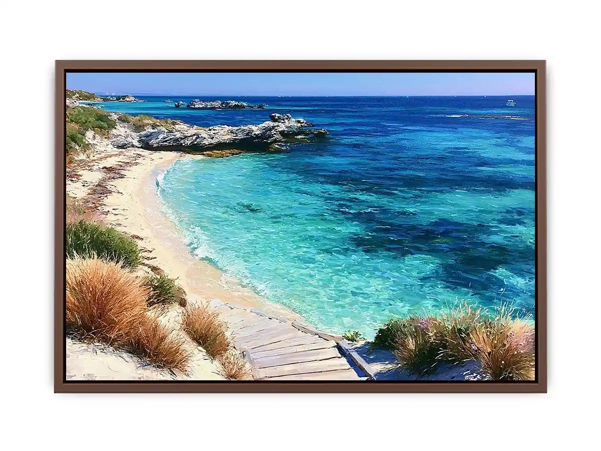 Clear turquoise beach canvas art with walkway and rocks for fresh coastal living room decor.
