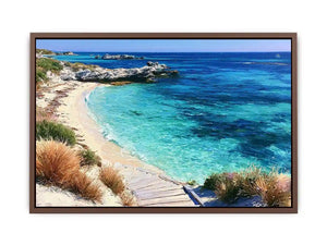 Clear turquoise beach canvas art with walkway and rocks for fresh coastal living room decor.