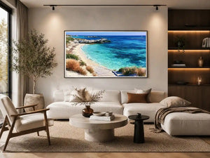 Clear turquoise beach canvas art with walkway and rocks for fresh coastal living room decor.