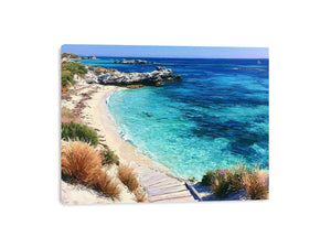 Clear turquoise beach canvas art with walkway and rocks for fresh coastal living room decor.