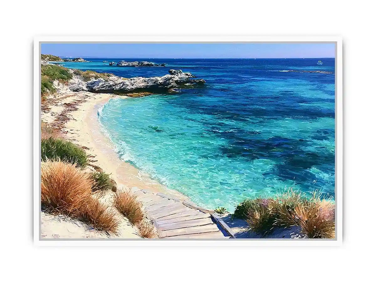 Clear turquoise beach canvas art with walkway and rocks for fresh coastal living room decor.