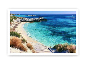 Clear turquoise beach canvas art with walkway and rocks for fresh coastal living room decor.