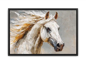 Textured white horse canvas art portrait for rustic modern living room or office decor.