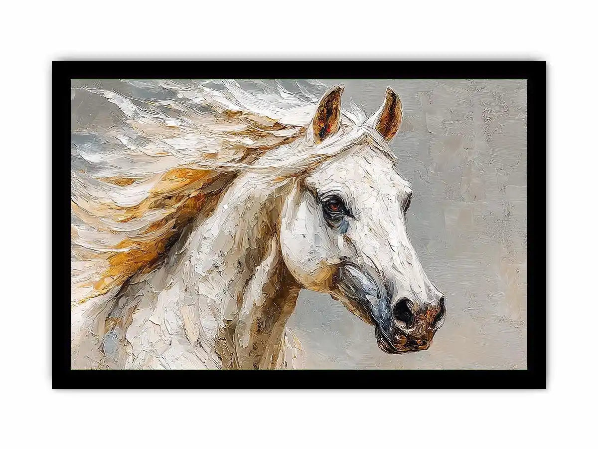 Textured white horse canvas art portrait for rustic modern living room or office decor.