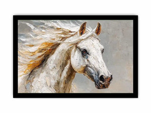 Textured white horse canvas art portrait for rustic modern living room or office decor.
