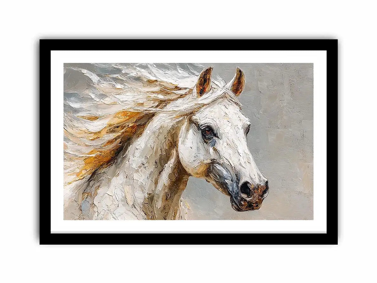 Textured white horse canvas art portrait for rustic modern living room or office decor.
