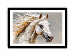 Textured white horse canvas art portrait for rustic modern living room or office decor.