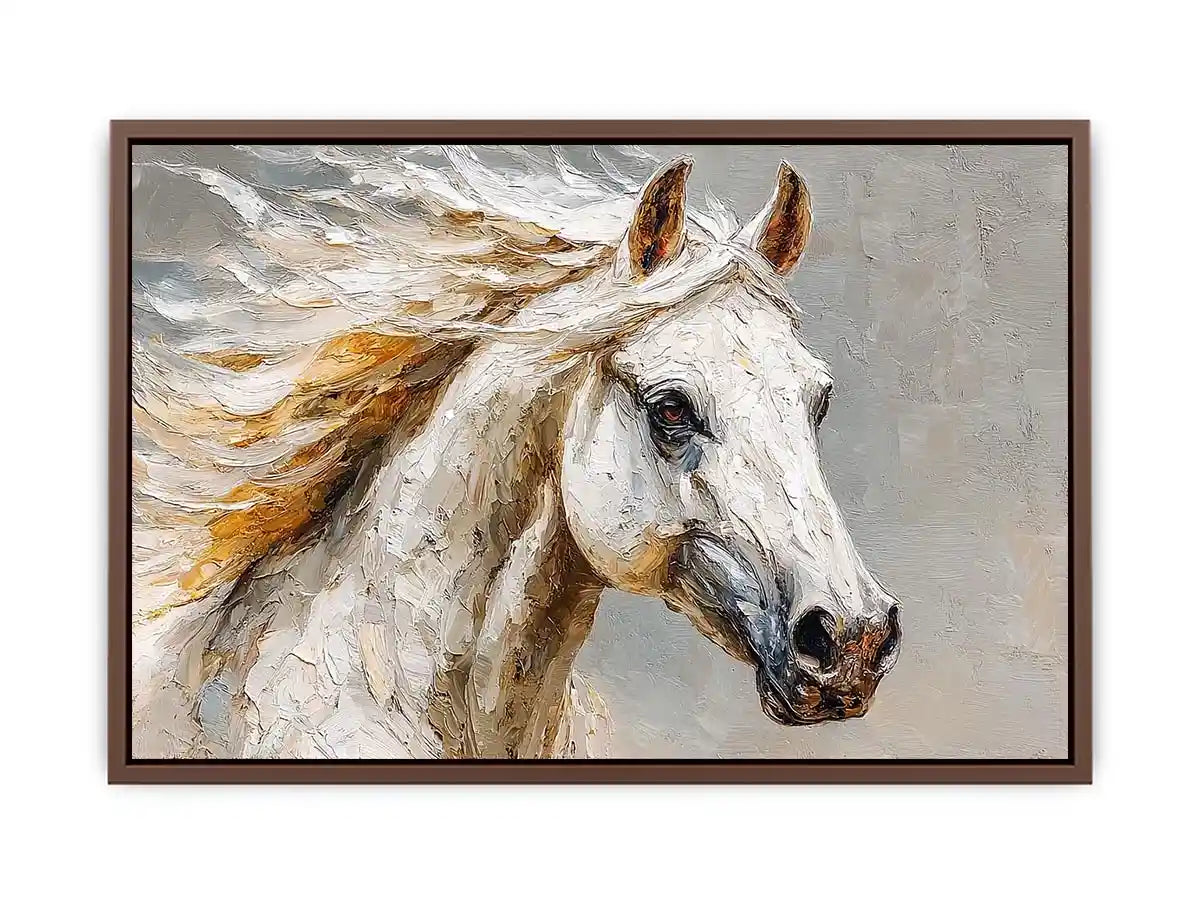 Textured white horse canvas art portrait for rustic modern living room or office decor.