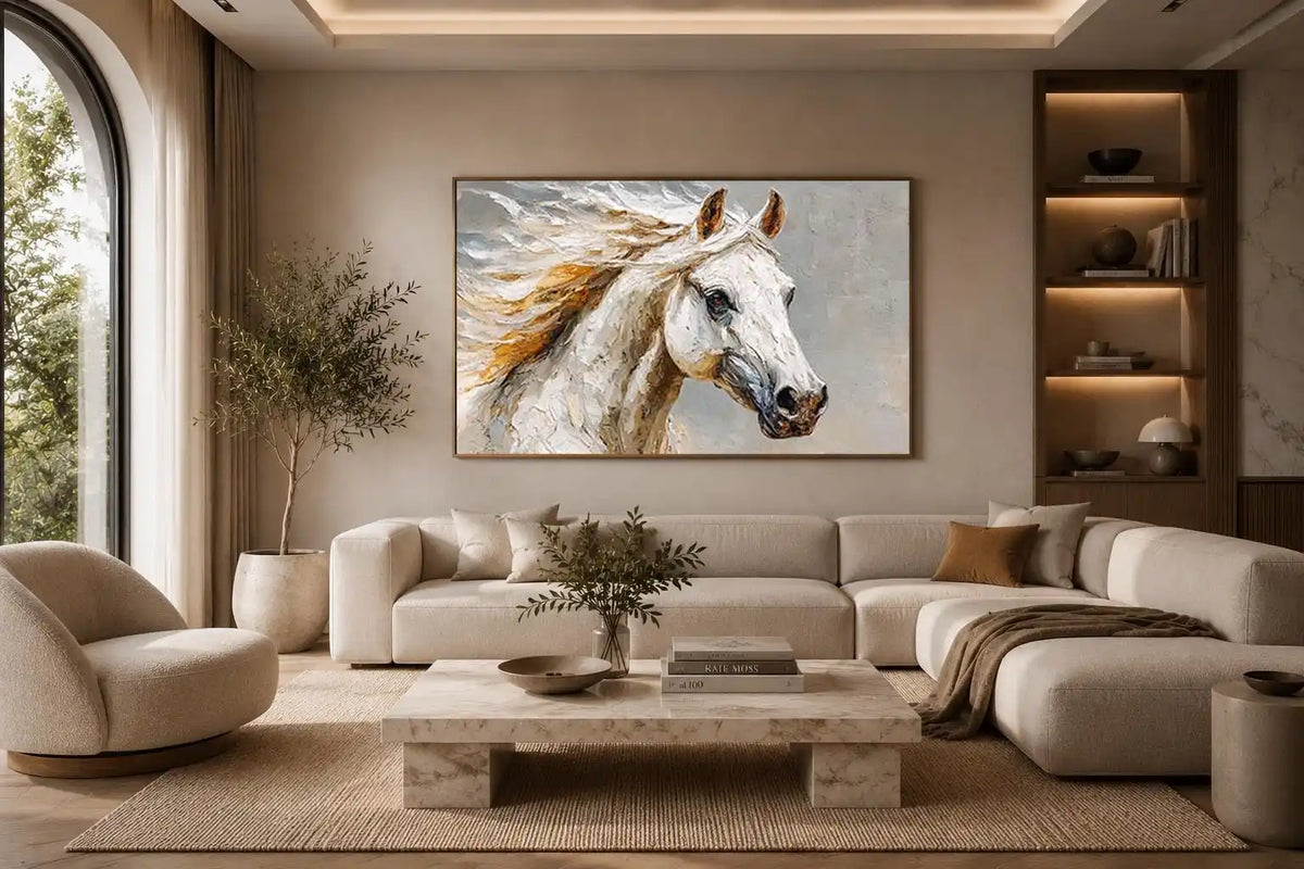 Textured white horse canvas art portrait for rustic modern living room or office decor.
