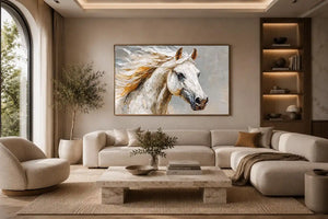 Textured white horse canvas art portrait for rustic modern living room or office decor.
