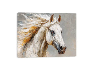 Textured white horse canvas art portrait for rustic modern living room or office decor.