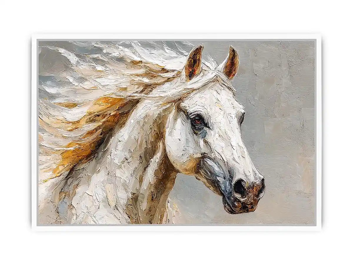 Textured white horse canvas art portrait for rustic modern living room or office decor.