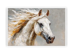 Textured white horse canvas art portrait for rustic modern living room or office decor.
